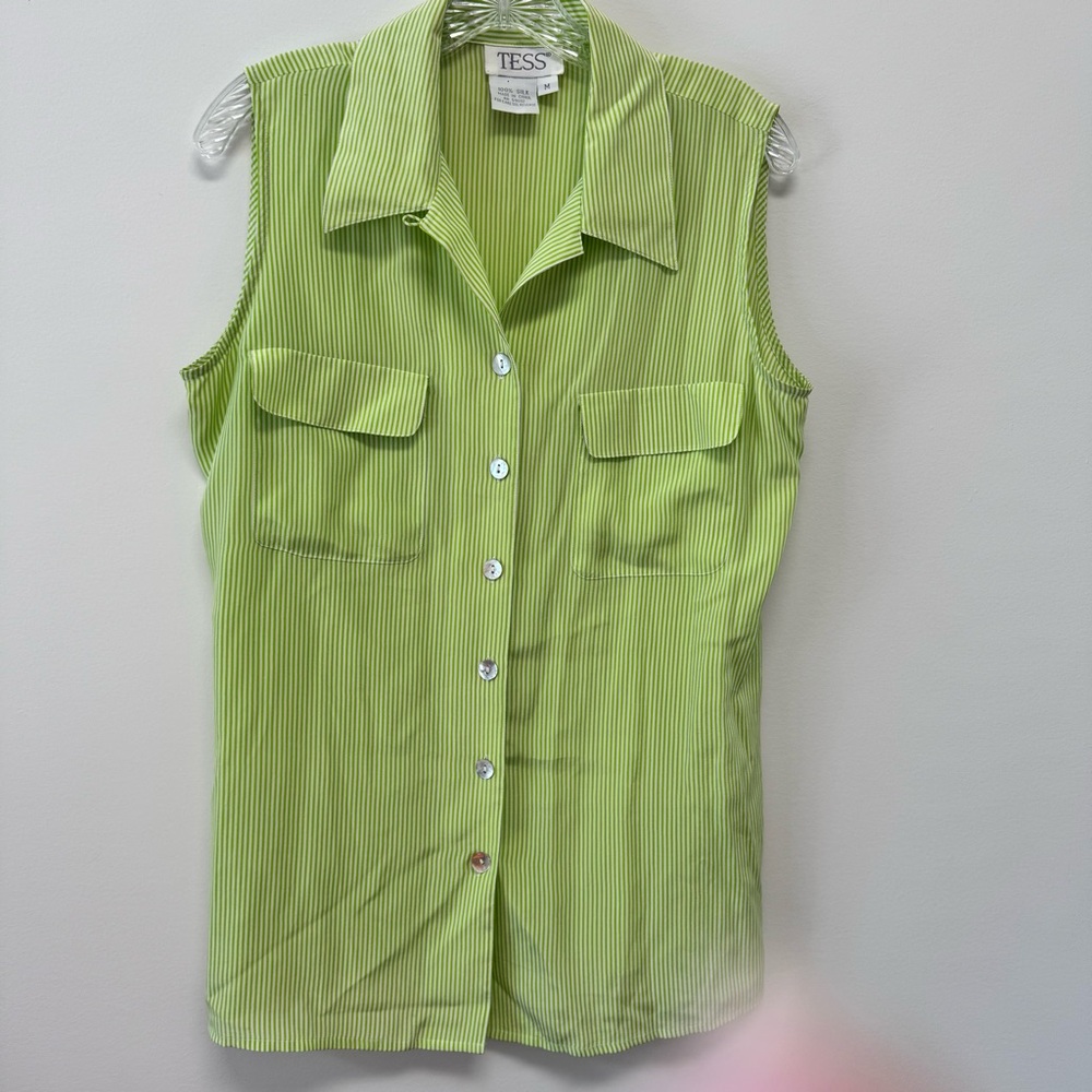 Tess Vintage 100% Silk Green Striped Sleeveless Collared Button Down Size M - Picture 1 of 11